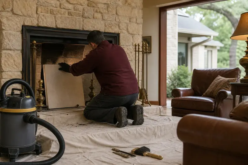 A technician fitting a refractory panel into the firebox of a wood-burning insert in a brick opening, the fireplace cold and unlit; illustrative image