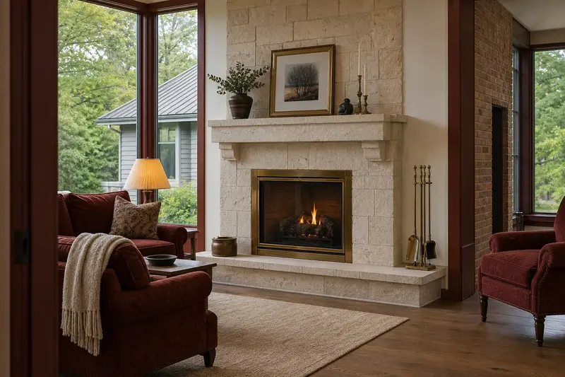 A warm living room with a vented gas log set in a masonry firebox glowing softly behind its glass, no one present; illustrative image