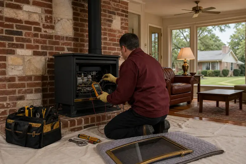 A technician kneeling at a freestanding gas stove with the glass front removed, testing the controls with a multimeter; illustrative image