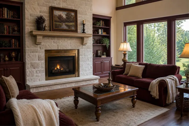 A family room with a gas insert set in a brick opening glowing steadily behind glass; illustrative image