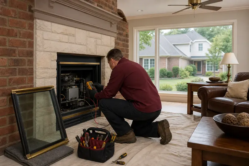 A technician checking the controls of a direct-vent gas fireplace with a multimeter, the glass set aside; illustrative image