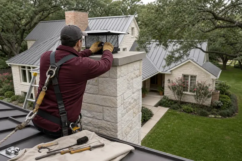 A harnessed technician checking the cap and crown of a limestone chimney with a concrete crown before the heating season; illustrative image