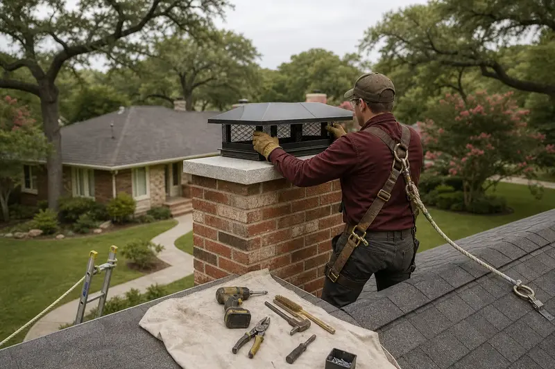A harnessed technician fastening a multi-flue cap over the crown of a brick chimney with a metal cap on an asphalt shingle roof; illustrative image