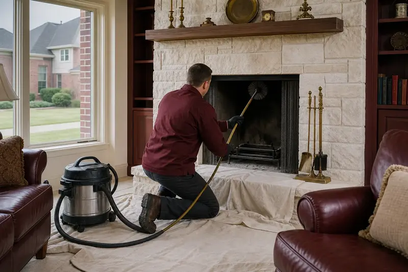A technician feeding a rotary chimney brush up the flue of a factory-built wood-burning fireplace with a stone facing, drop cloths and a sealed vacuum on the hearth; illustrative image