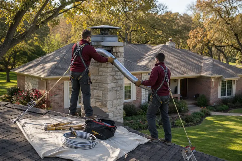 Two harnessed technicians feeding a stainless steel liner into a stone-veneer chimney with a steel cap from a dry roof; illustrative image