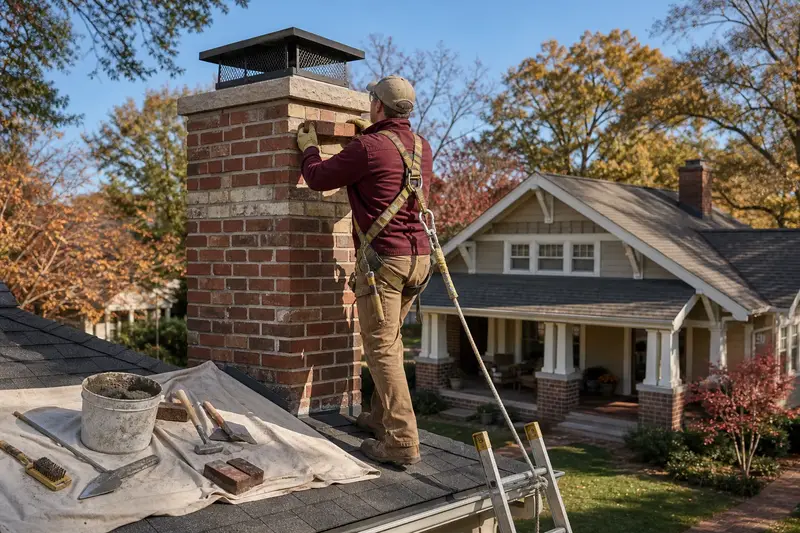 A harnessed mason setting a replacement brick near the top of a brick chimney with a metal cap on an asphalt shingle roof; illustrative image