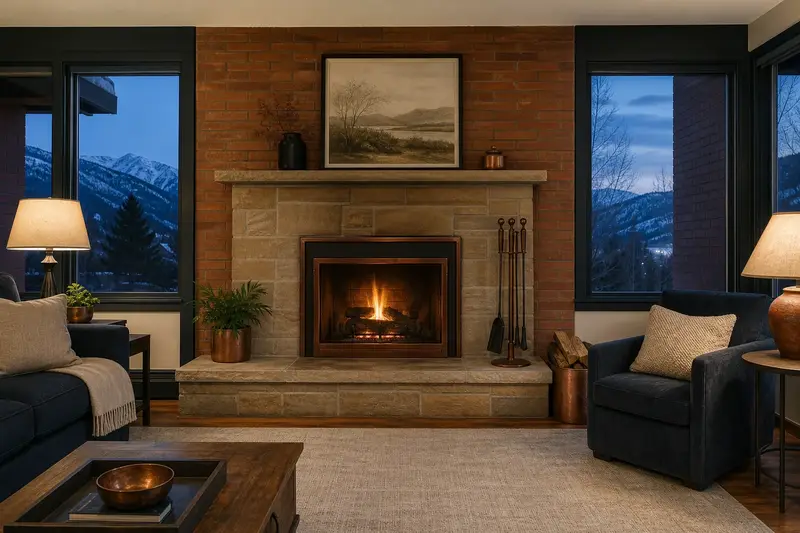 A calm sitting room with an open masonry wood-burning fireplace, a clear hearth and fireplace tools on a stand, no one present; illustrative image