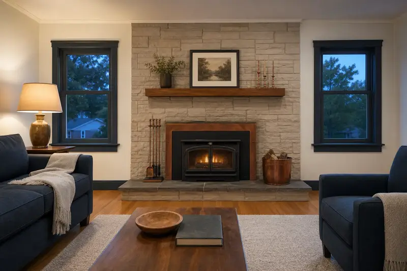 An empty, freshly painted living room with a cast-iron wood stove on a stone hearth pad awaiting new owners; illustrative image