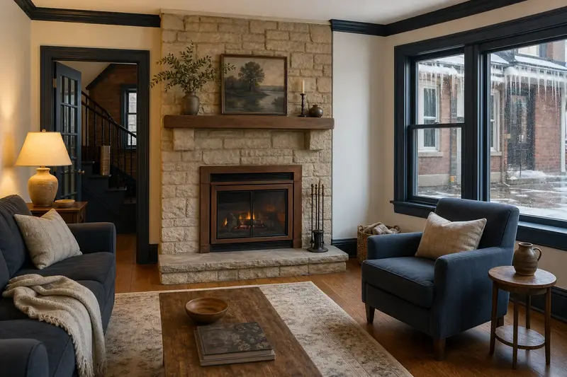 A warm hearth room with a factory-built wood-burning fireplace with a stone facing while snow melts outside the window; illustrative image