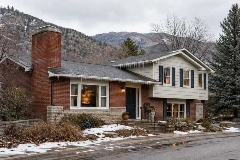A 1960s split-level house with brick and siding on a thawing winter day with icicles at the eaves and a red brick chimney with a concrete crown; illustrative image