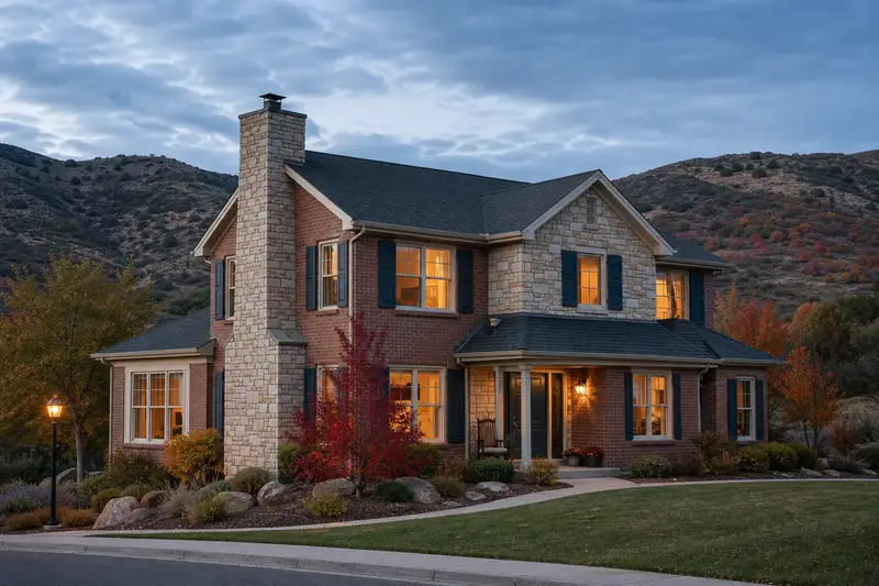 A 1990s two-story suburban house with stone accents showing a stone-veneer chimney on an asphalt shingle roof rising above the roof; illustrative image