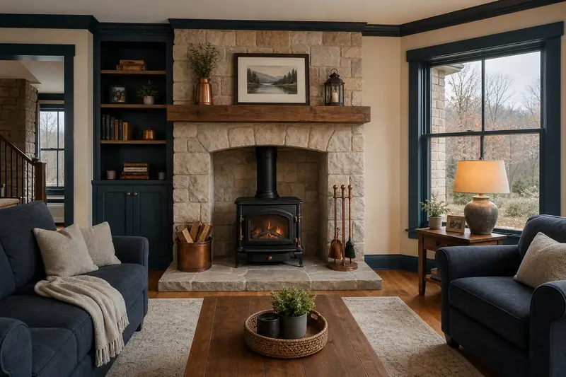 A living room with a cast-iron wood stove on a stone hearth pad seen straight on, its opening, hearth and surround clear; illustrative image