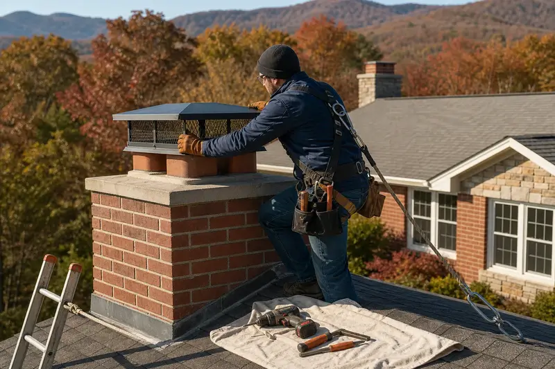 A harnessed technician fastening a multi-flue cap over the crown of a red brick chimney with a concrete crown; illustrative image