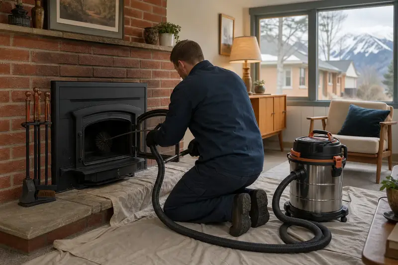A technician kneeling at a cast-iron wood stove on a stone hearth pad with a sealed vacuum and drop cloths, the fireplace cold and unlit; illustrative image