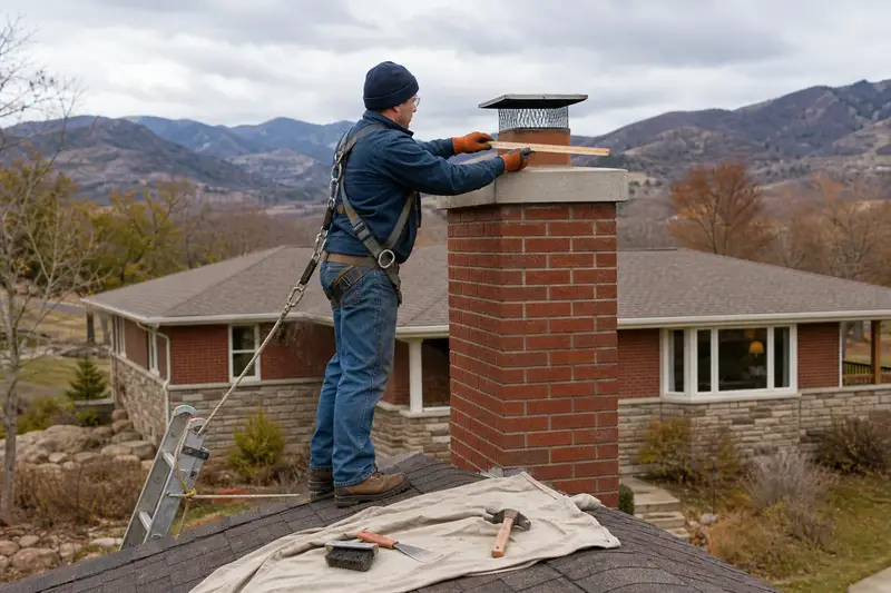 A harnessed mason measuring the crown of a red brick chimney with a concrete crown with a folding rule; illustrative image