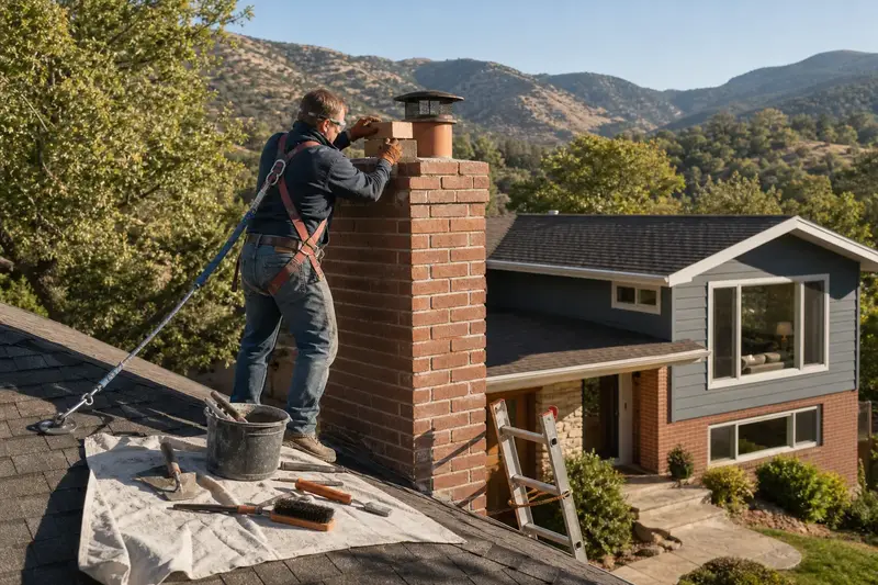A harnessed mason setting a replacement brick near the top of a two-flue brick chimney on a steep gable roof; illustrative image