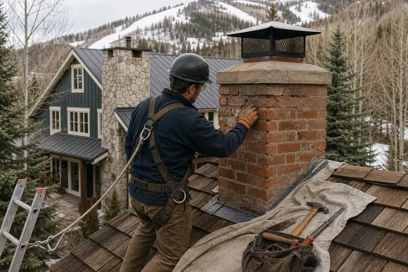 A harnessed mason checking the brick faces of a brick chimney with a spark arrestor cap on a cedar shake roof near the crown; illustrative image
