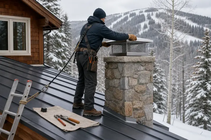 A harnessed technician setting a stainless steel mesh chimney cap onto a granite stone chimney on a metal roof; illustrative image