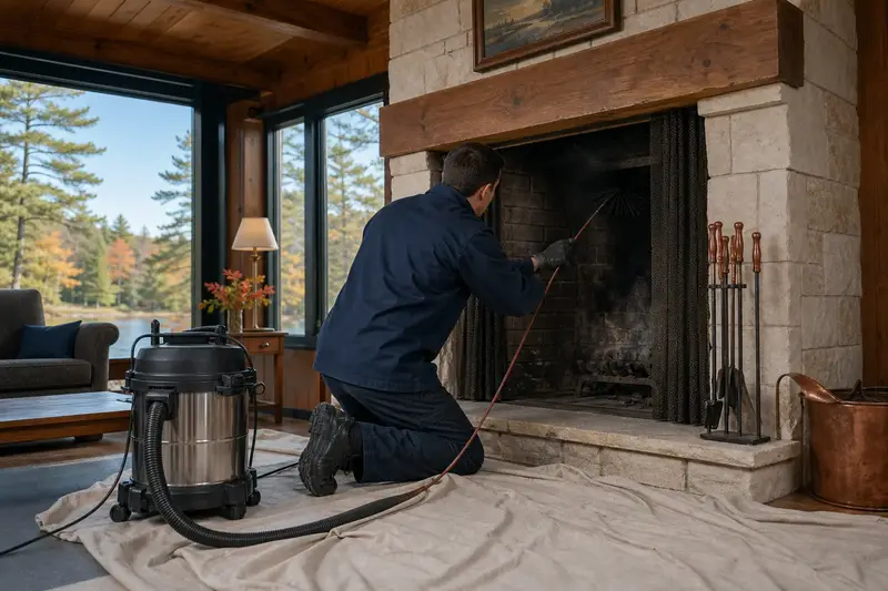 A technician feeding a rotary chimney brush up the flue of an open masonry wood-burning fireplace, drop cloths and a sealed vacuum on the hearth; illustrative image