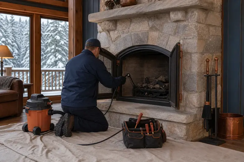 A technician guiding an inspection camera into the firebox of a vented gas log set in a masonry firebox, the fireplace cold and unlit; illustrative image