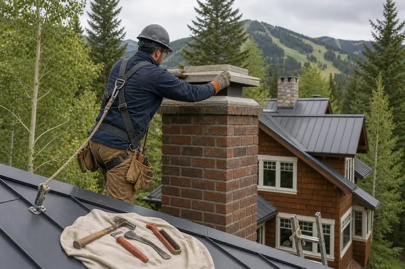 A harnessed mason measuring the crown of a brick chimney with a concrete crown on a metal roof with a folding rule; illustrative image