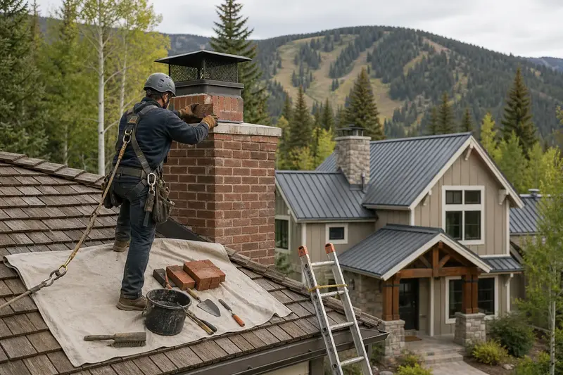 A harnessed mason setting a replacement brick near the top of a brick chimney with a spark arrestor cap on a cedar shake roof; illustrative image