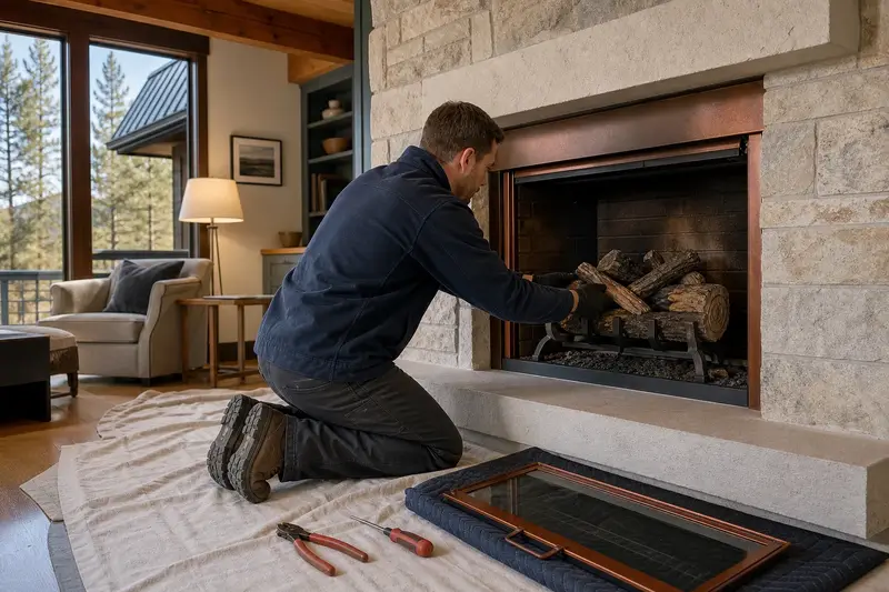 A technician checking the burner and log placement of a vented gas log set in a masonry firebox with the gas off and the glass set aside; illustrative image