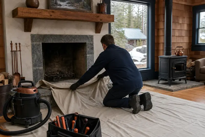 A technician laying drop cloths before servicing an open masonry wood-burning fireplace, the fireplace cold; illustrative image