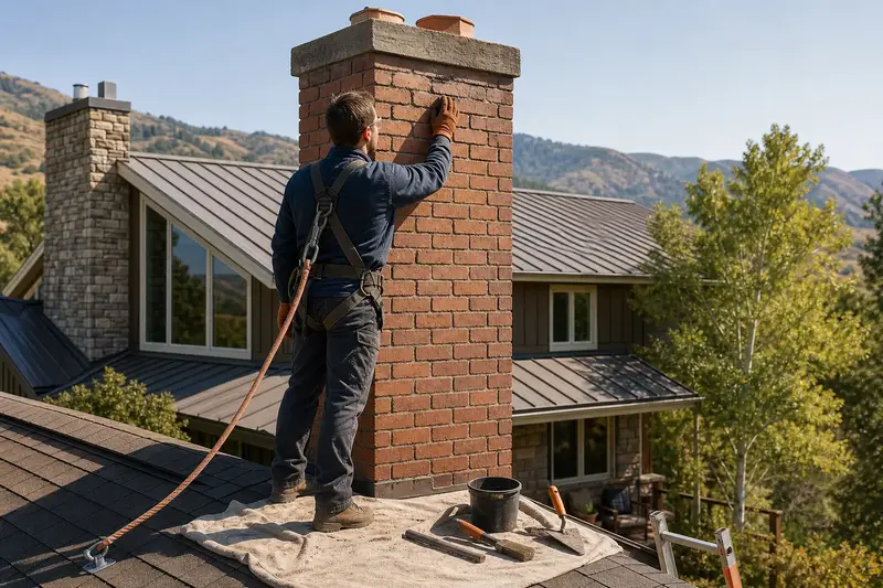 A harnessed mason checking the brick faces of a red brick chimney with a concrete crown near the crown; illustrative image