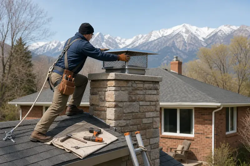 A harnessed technician setting a stainless steel mesh chimney cap onto a stone-veneer chimney on an asphalt shingle roof; illustrative image