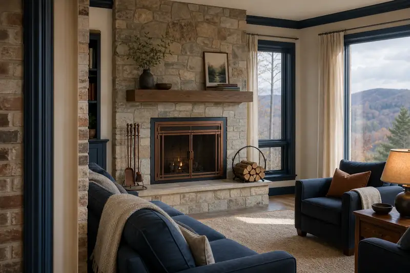 A tidy hearth room with a factory-built wood-burning fireplace with a stone facing, a cleared hearth, fireplace tools and split firewood; illustrative image