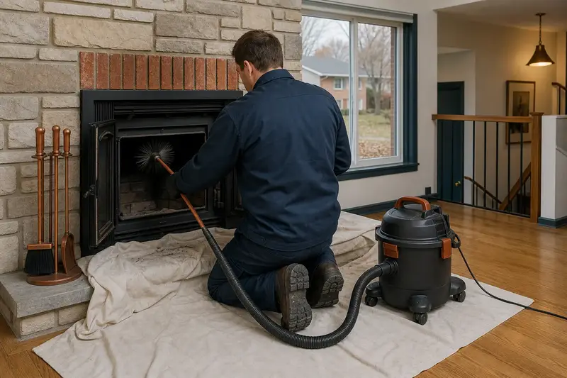 A technician feeding a rotary chimney brush up the flue of a wood-burning insert in a brick opening, drop cloths and a sealed vacuum on the hearth; illustrative image