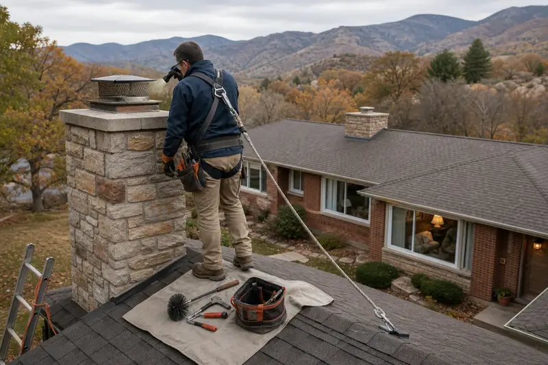 A harnessed technician examining the top of a stone-veneer chimney on an asphalt shingle roof with a flashlight from a dry roof surface; illustrative image