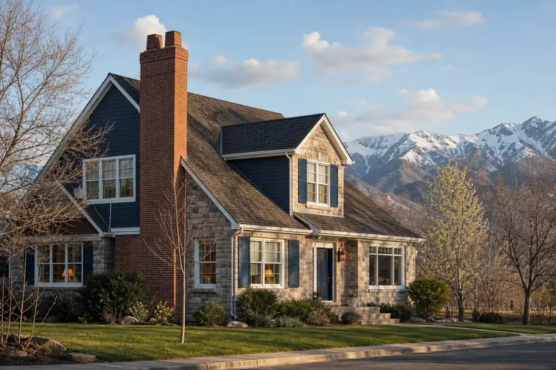 A 1980s two-story suburban house with stone accents with a two-flue brick chimney on a steep gable roof and neat, even mortar joints; illustrative image