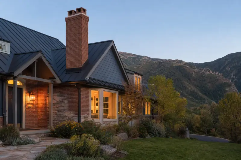 A 1980s mountain modern house with a metal roof with a two-flue brick chimney on a steep gable roof and neat mortar joints; illustrative image
