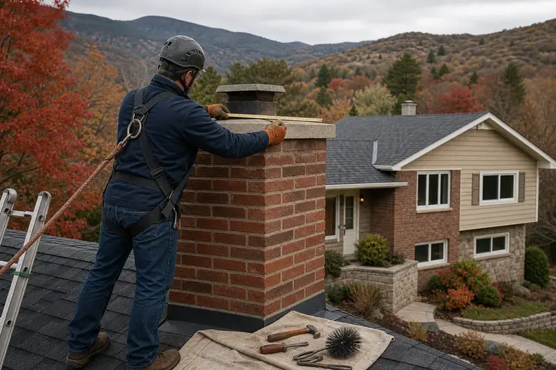 A harnessed mason measuring the crown of a red brick chimney with a concrete crown with a folding rule; illustrative image