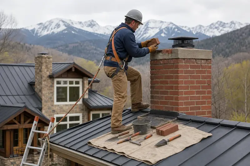 A harnessed mason setting a replacement brick near the top of a red brick chimney with a concrete crown; illustrative image