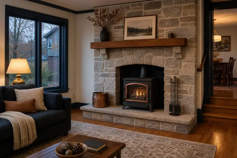 A living room with a freestanding gas stove glowing warmly behind glass, no one present; illustrative image