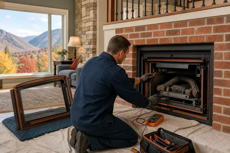A technician testing the igniter of a gas insert set in a brick opening with the glass front set aside; illustrative image