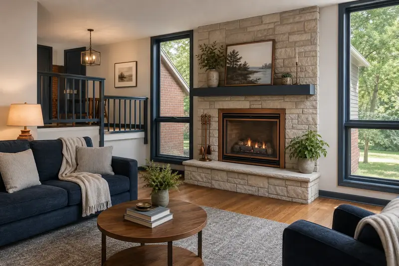 A warm living room with a direct-vent gas fireplace glowing softly behind its glass, no one present; illustrative image