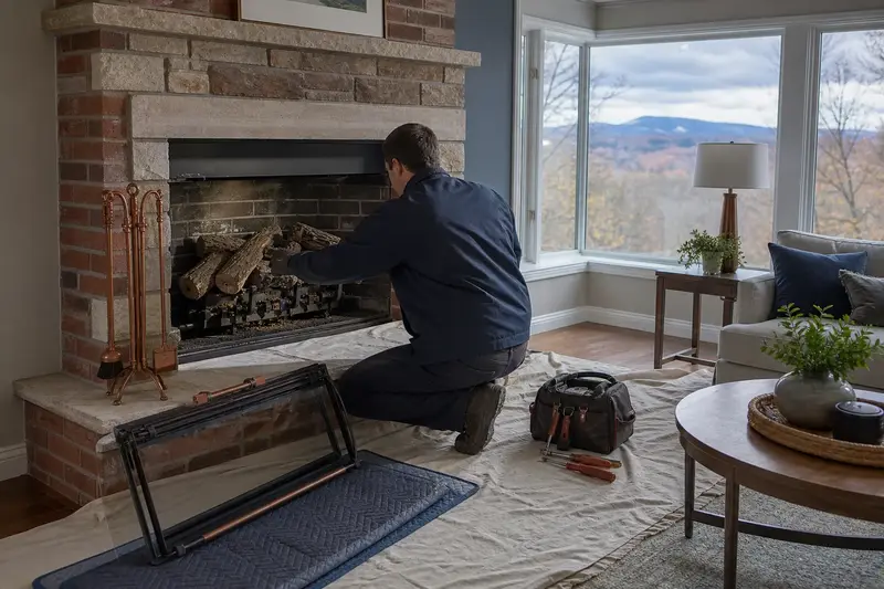 A technician checking the burner and log placement of a vented gas log set in a masonry firebox with the gas off and the glass set aside; illustrative image