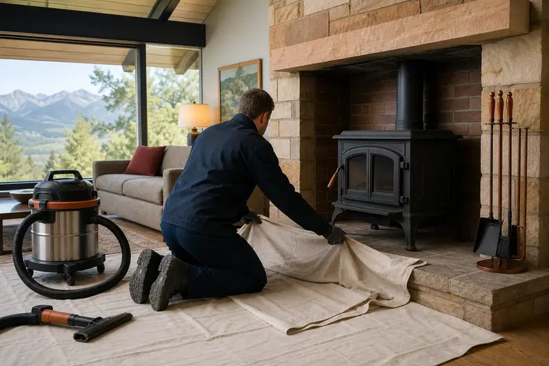 A technician laying drop cloths before servicing a cast-iron wood stove on a stone hearth pad, the fireplace cold; illustrative image