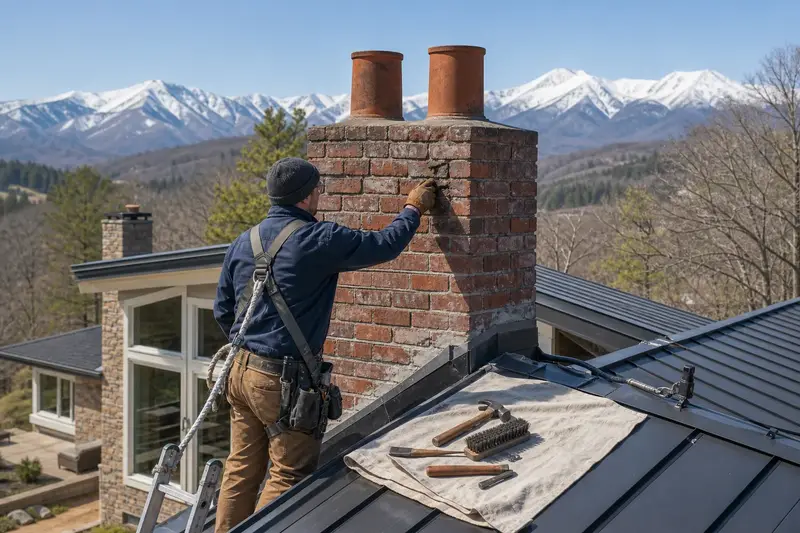 A harnessed mason checking the brick faces of a two-flue brick chimney on a steep gable roof near the crown; illustrative image