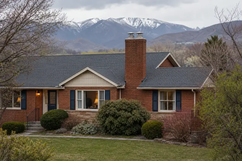 A 1960s brick rambler with a two-flue brick chimney on a steep gable roof topped by a new stainless steel cap; illustrative image