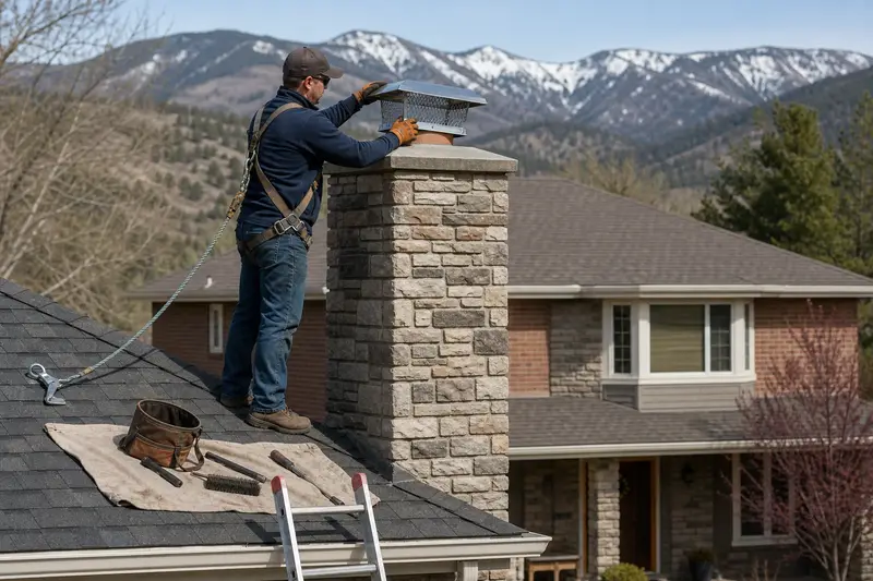 A harnessed technician setting a stainless steel mesh chimney cap onto a stone-veneer chimney on an asphalt shingle roof; illustrative image