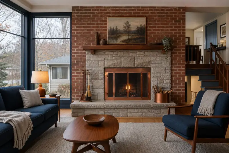 A living room with an open masonry wood-burning fireplace and a small fire behind a screen, no one present; illustrative image