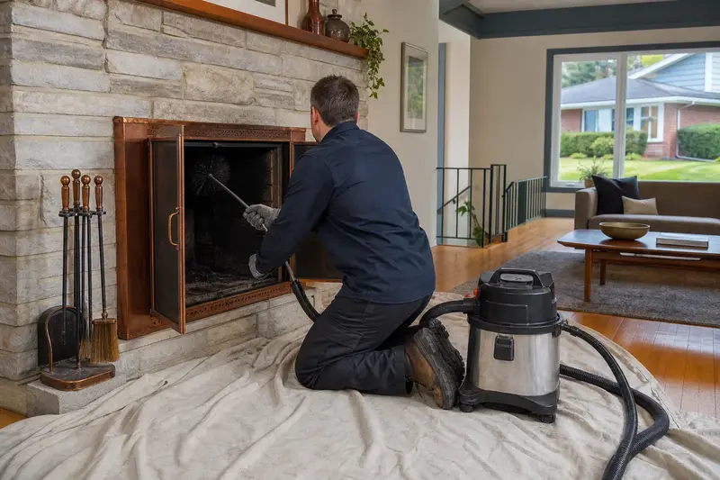 A technician feeding a rotary chimney brush up the flue of a wood-burning insert in a brick opening, drop cloths and a sealed vacuum on the hearth; illustrative image