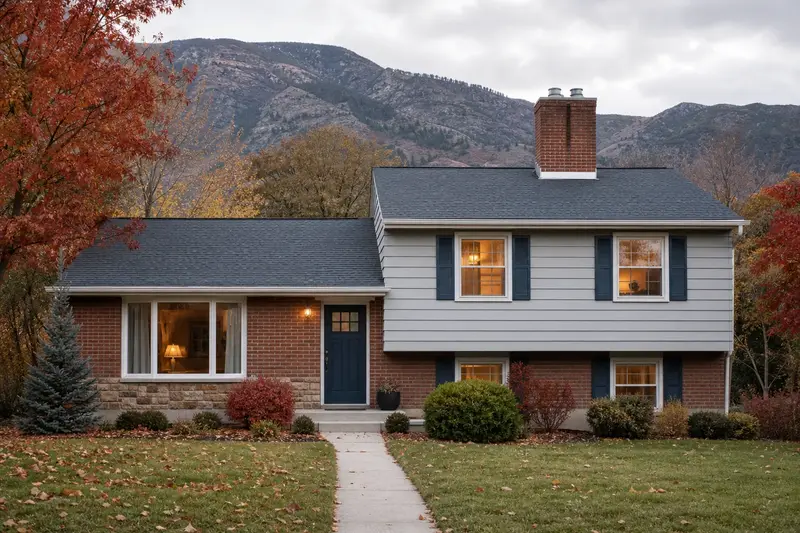 A 1960s split-level house with brick and siding with a two-flue brick chimney on a steep gable roof and a stainless steel cap; illustrative image