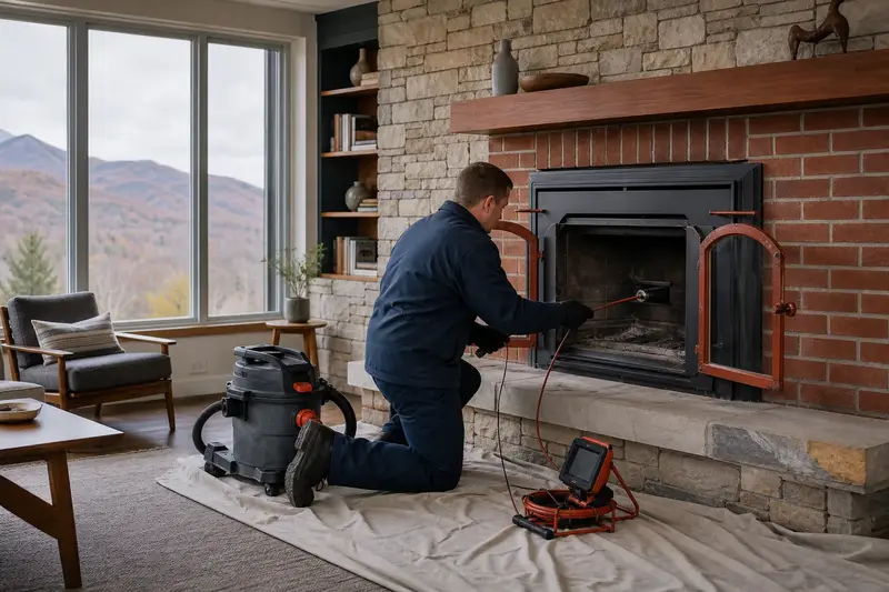 A technician guiding an inspection camera into the firebox of a wood-burning insert in a brick opening, the fireplace cold and unlit; illustrative image