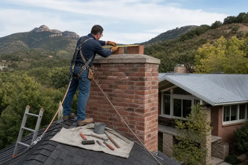 A harnessed mason measuring the crown of a two-flue brick chimney on a steep gable roof with a folding rule; illustrative image